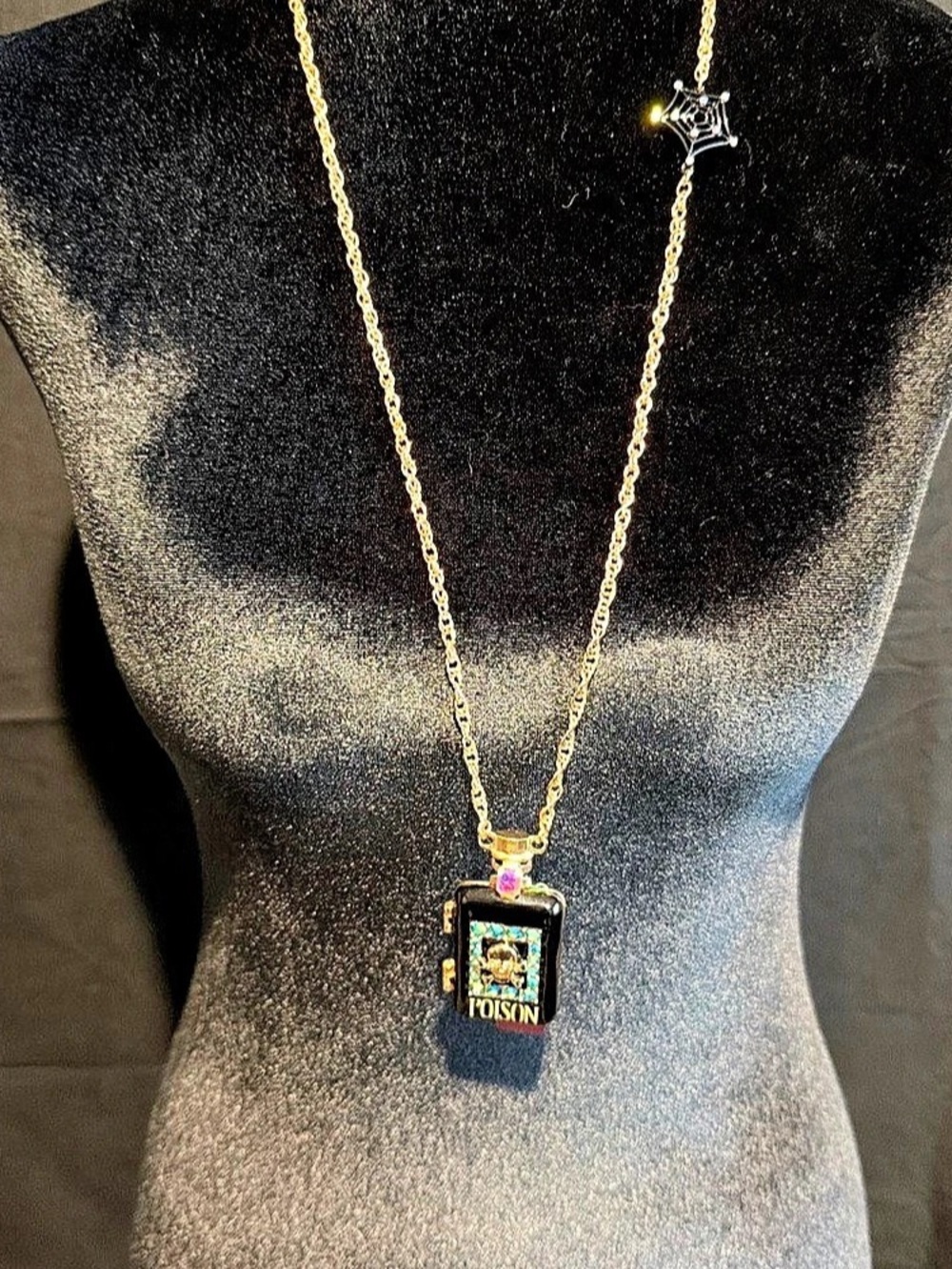 Betsey Johnson Poison Bottle Necklace in Black & Gold